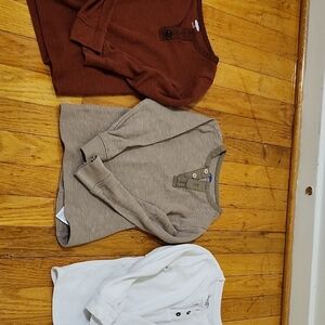 Set of Three Henley Shirts in Brown, Tan, and White